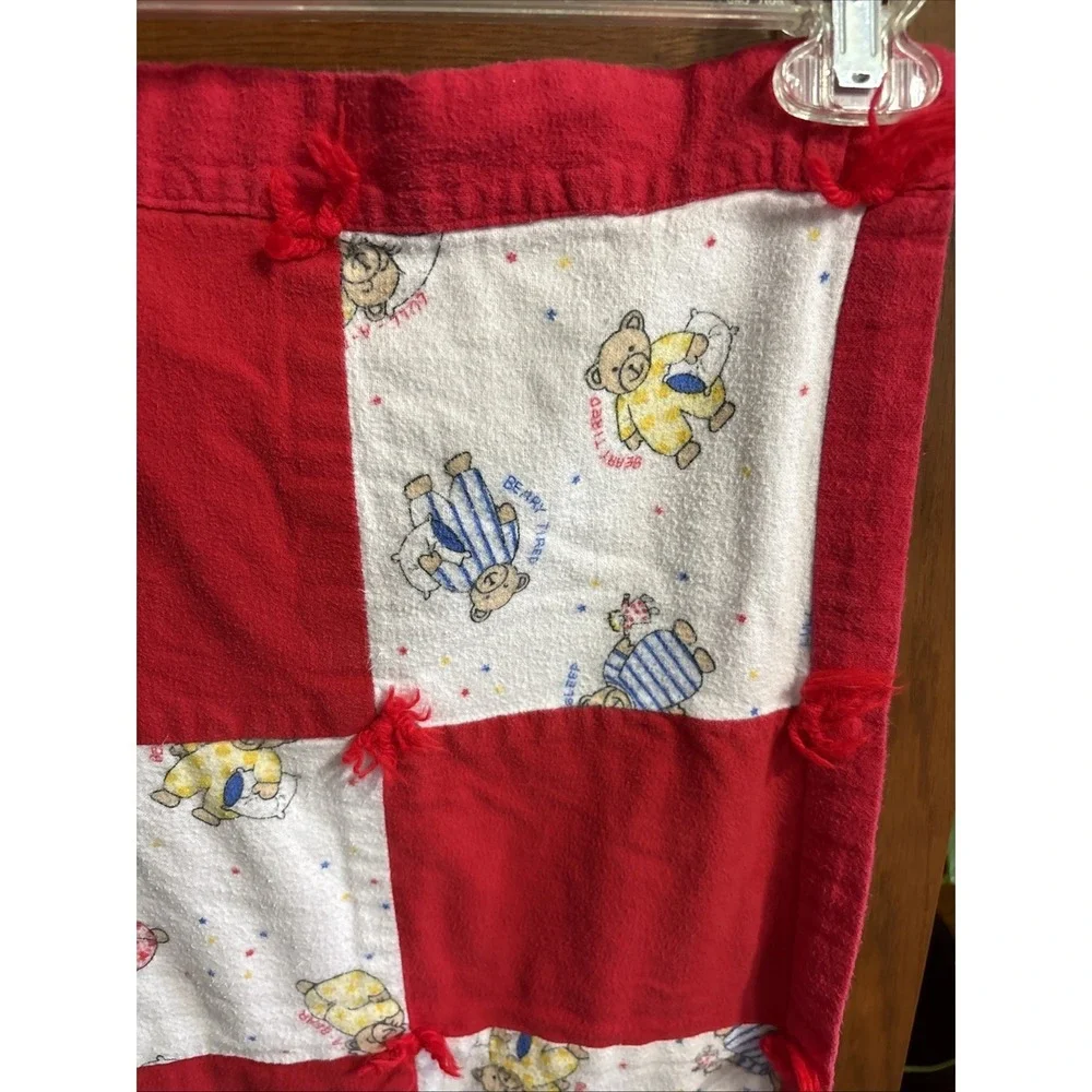 VTG Patchwork Baby‎ Blanket Teddy Bears Quilt Handmade Tied Red White